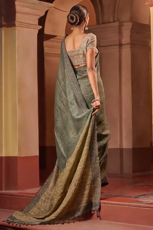 The ICH Bengal Vibes. Handwoven Linen & Kantha Border Saree - Muted Grey - Image 5