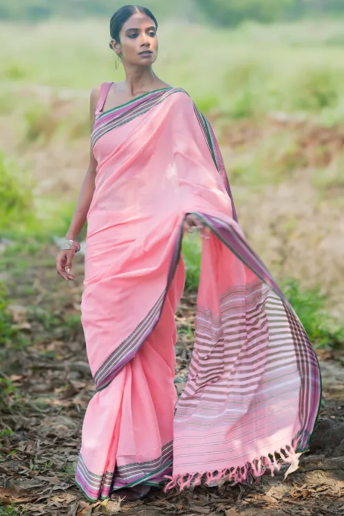 THE ICH Bengal Weaves. Handwoven Soft Cotton Saree - Blush Meadow - Image 2