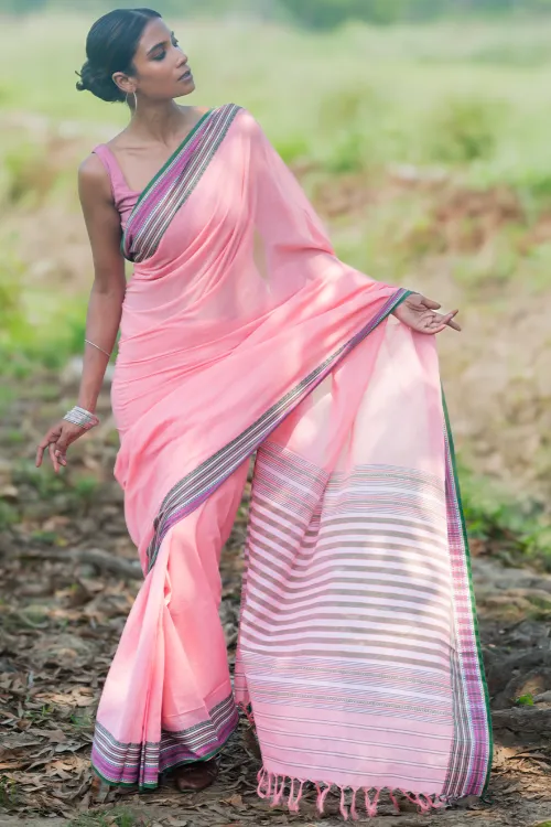 THE ICH Bengal Weaves. Handwoven Soft Cotton Saree - Blush Meadow - Image 3