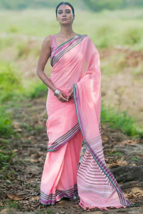 THE ICH Bengal Weaves. Handwoven Soft Cotton Saree - Blush Meadow - Image 4
