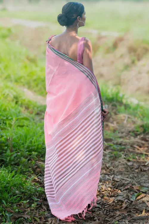 THE ICH Bengal Weaves. Handwoven Soft Cotton Saree - Blush Meadow - Image 5