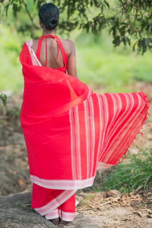 THE ICH Bengal Weaves. Handwoven Soft Cotton Saree - Crimson Glow - Image 3