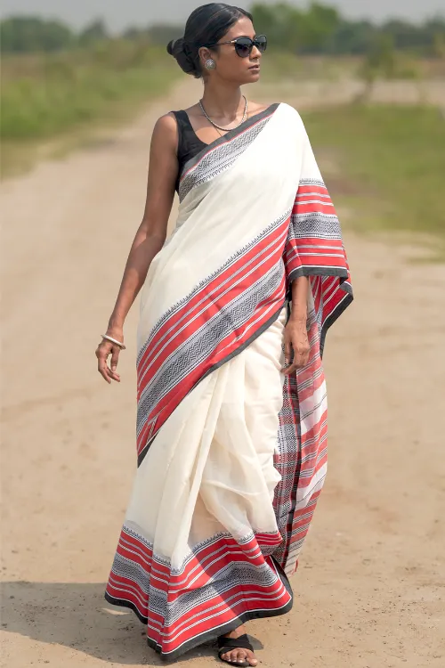 THE ICH Bengal Weaves. Handwoven Soft Cotton Saree - Ivory Tartan - Image 5