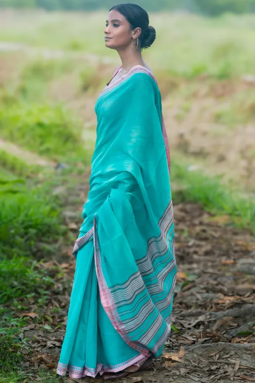 THE ICH Bengal Weaves. Handwoven Soft Cotton Saree - Lagoon Bloom