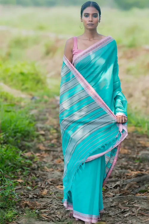 THE ICH Bengal Weaves. Handwoven Soft Cotton Saree - Lagoon Bloom - Image 3