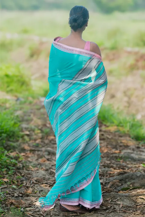 THE ICH Bengal Weaves. Handwoven Soft Cotton Saree - Lagoon Bloom - Image 6