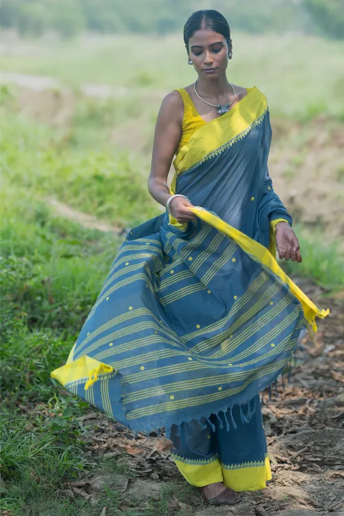 THE ICH Bengal Weaves. Handwoven Soft Cotton Saree - Monsoon Lime - Image 3