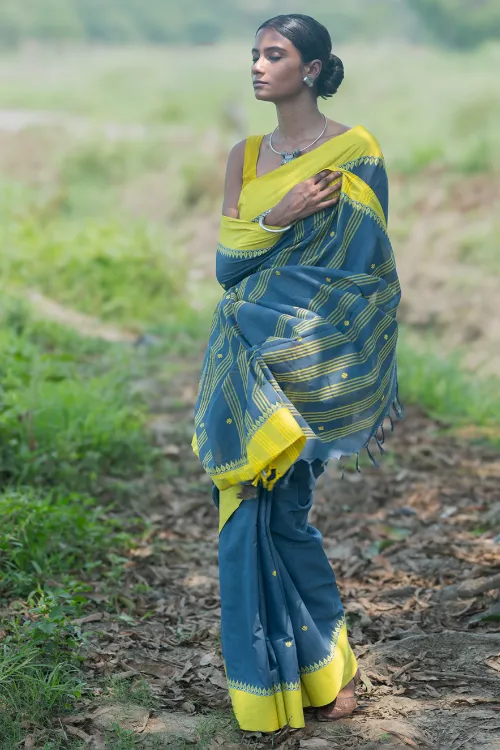 THE ICH Bengal Weaves. Handwoven Soft Cotton Saree - Monsoon Lime - Image 4