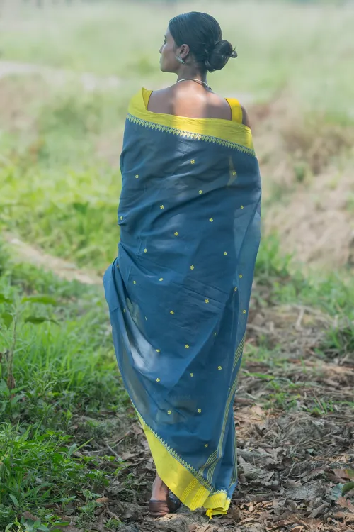 THE ICH Bengal Weaves. Handwoven Soft Cotton Saree - Monsoon Lime - Image 5