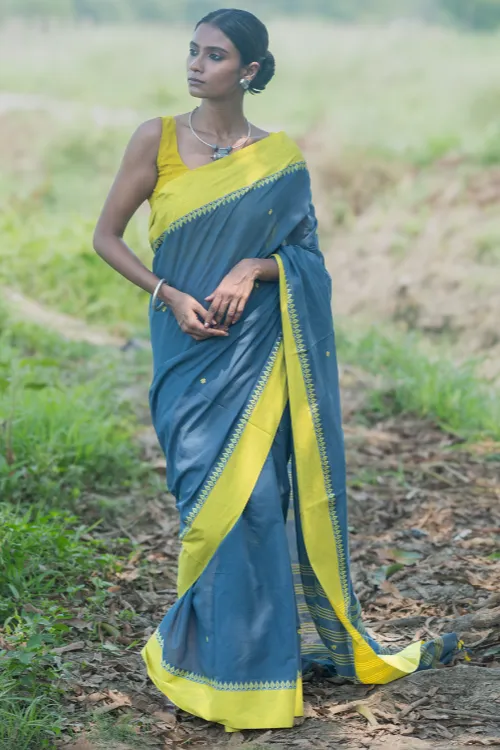 THE ICH Bengal Weaves. Handwoven Soft Cotton Saree - Monsoon Lime - Image 6