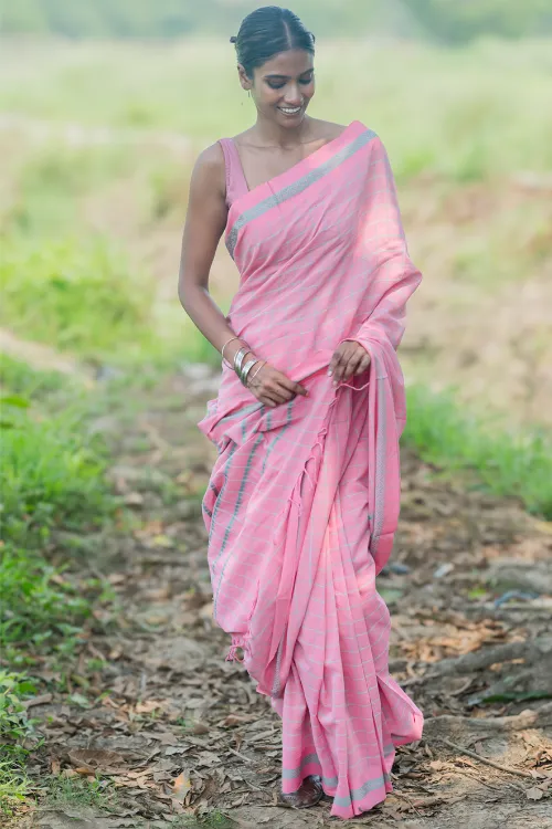 THE ICH Bengal Weaves. Handwoven Soft Cotton Saree - Rose Mist - Image 2