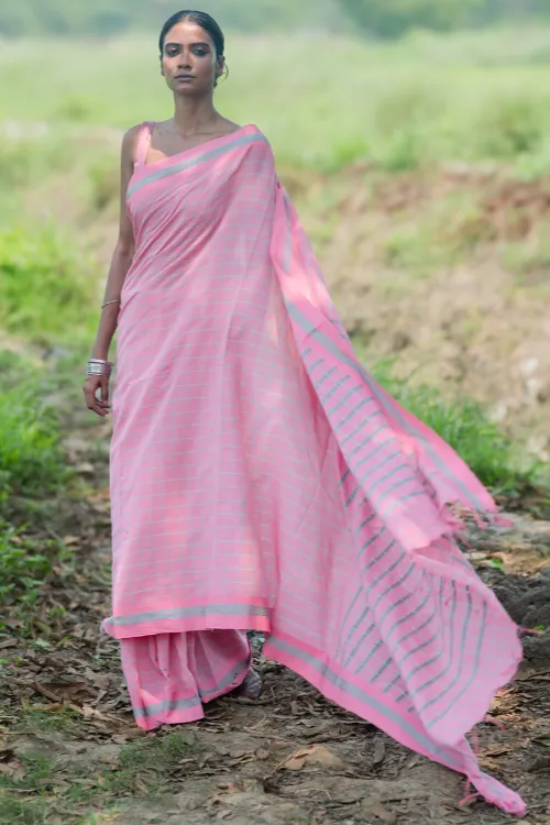 THE ICH Bengal Weaves. Handwoven Soft Cotton Saree - Rose Mist - Image 4