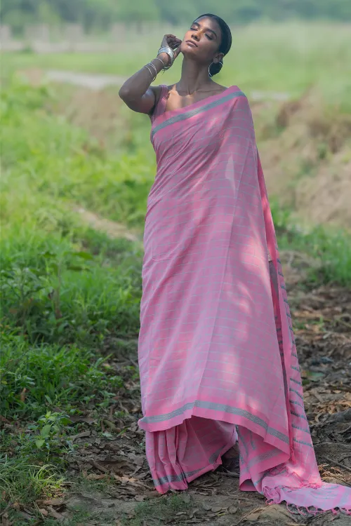 THE ICH Bengal Weaves. Handwoven Soft Cotton Saree - Rose Mist - Image 5