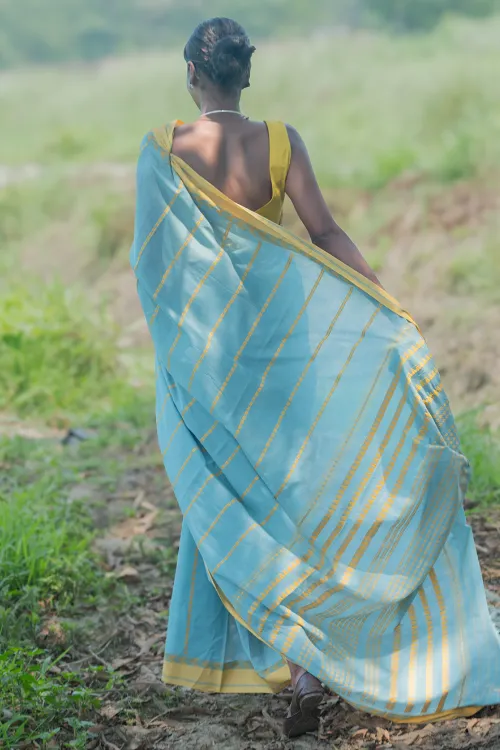 THE ICH Bengal Weaves. Handwoven Soft Cotton Saree - Sky Harvest