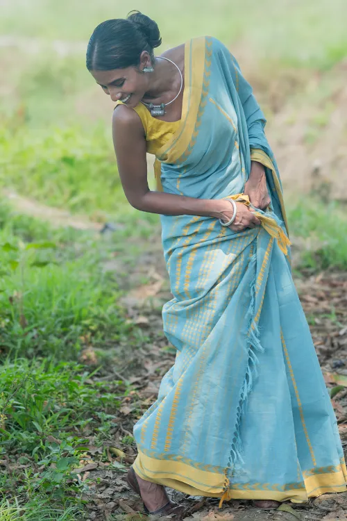 THE ICH Bengal Weaves. Handwoven Soft Cotton Saree - Sky Harvest - Image 2