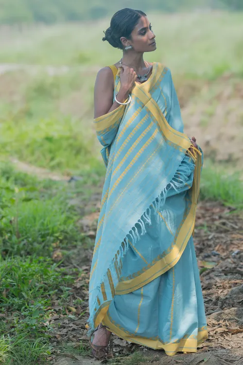 THE ICH Bengal Weaves. Handwoven Soft Cotton Saree - Sky Harvest - Image 3