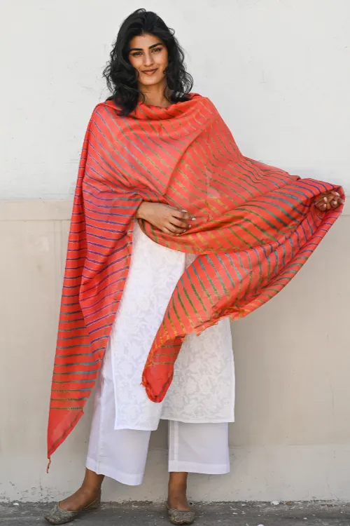 The ICH Exclusive Lehariya Chanderi Dupatta - Marigold Wave - Image 2