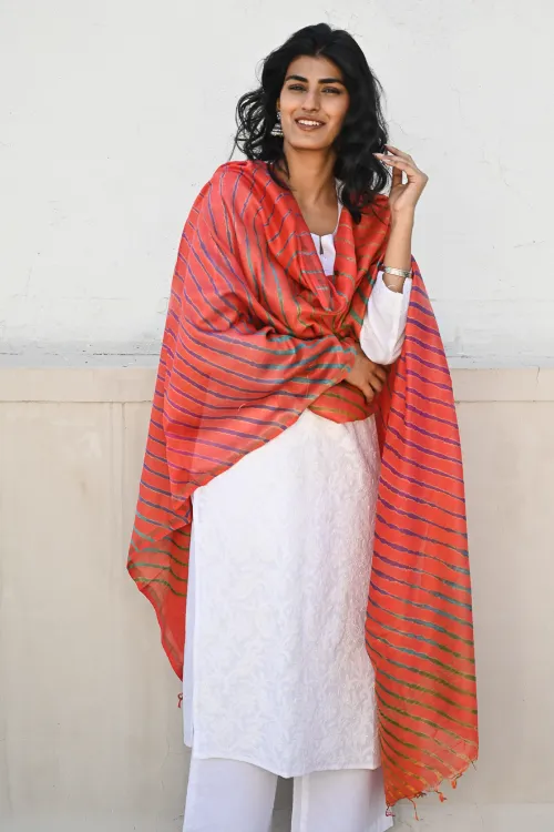The ICH Exclusive Lehariya Chanderi Dupatta - Marigold Wave - Image 3