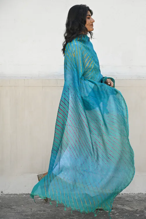 The ICH Exclusive Lehariya Chanderi Dupatta - Turquoise Wave