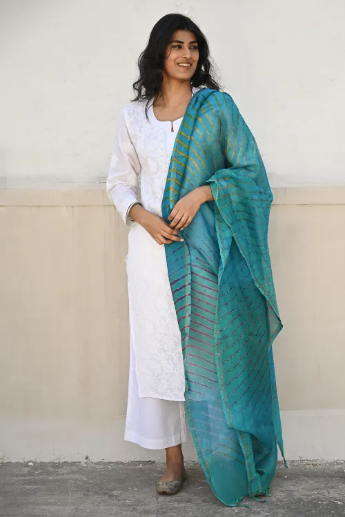 The ICH Exclusive Lehariya Chanderi Dupatta - Turquoise Wave - Image 2