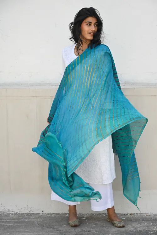 The ICH Exclusive Lehariya Chanderi Dupatta - Turquoise Wave - Image 3