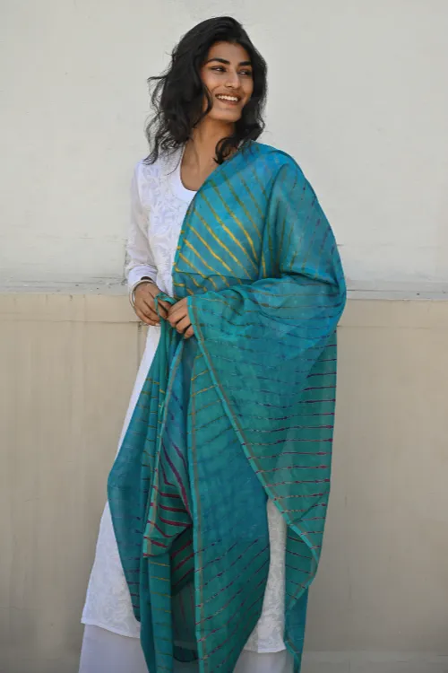 The ICH Exclusive Lehariya Chanderi Dupatta - Turquoise Wave - Image 4
