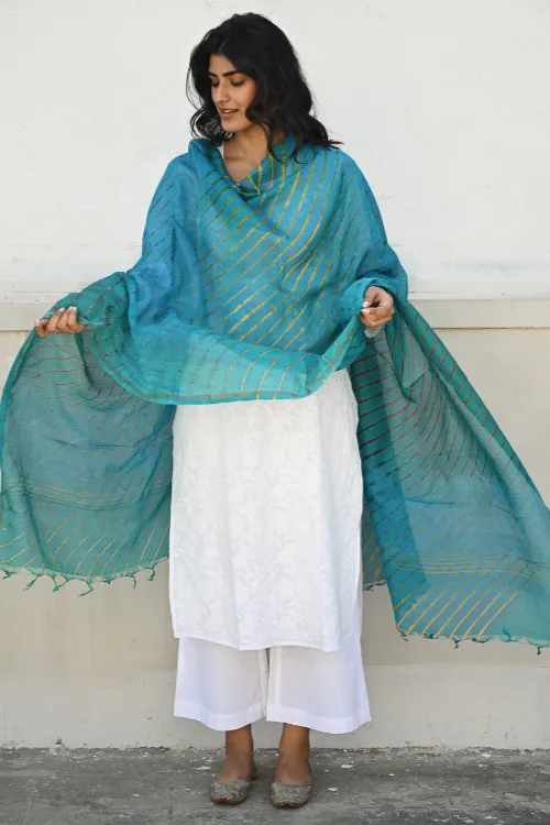 The ICH Exclusive Lehariya Chanderi Dupatta - Turquoise Wave - Image 5