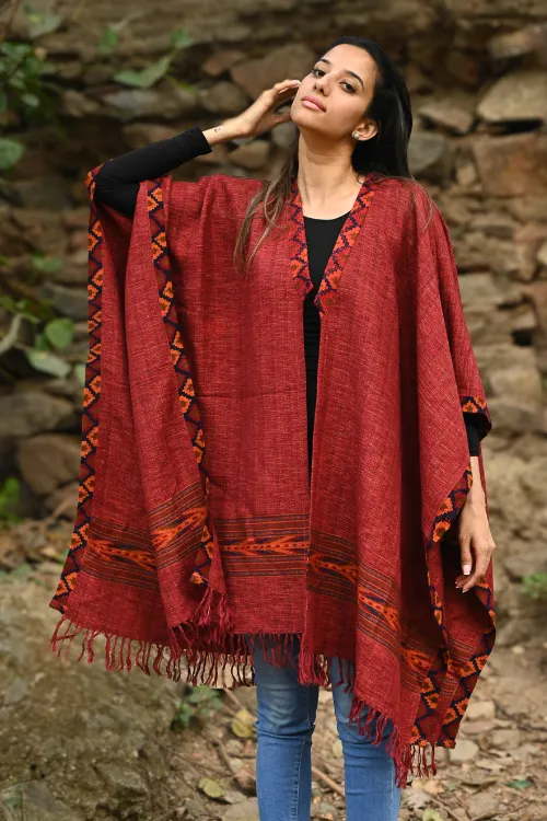 The ICH Exclusive Soft Himachal Wool Poncho With Woven Border - Rose Garden - Image 2