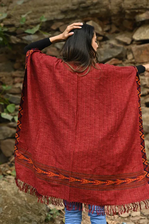 The ICH Exclusive Soft Himachal Wool Poncho With Woven Border - Rose Garden - Image 3