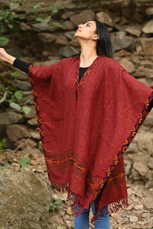 The ICH Exclusive Soft Himachal Wool Poncho With Woven Border - Rose Garden - Image 5