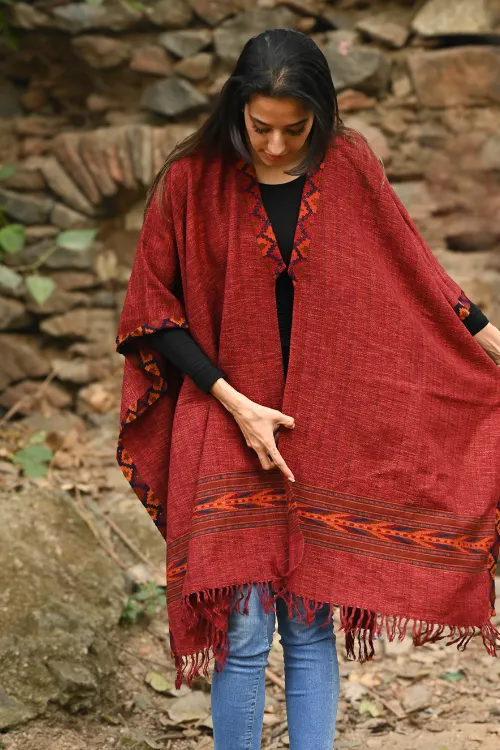 The ICH Exclusive Soft Himachal Wool Poncho With Woven Border - Rose Garden - Image 6