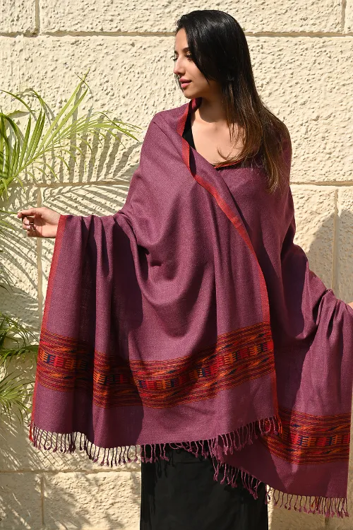 The ICH Exclusive Soft Himachal Wool Shawl With Woven Border - Mulberry Trail - Image 4