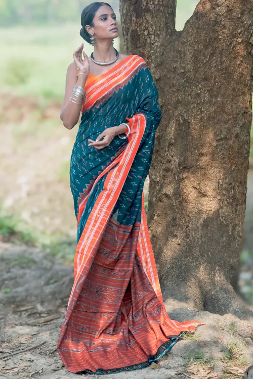 The ICH Sambalpuri Handwoven Ikat Soft Cotton Saree - Aranya Van - Image 3