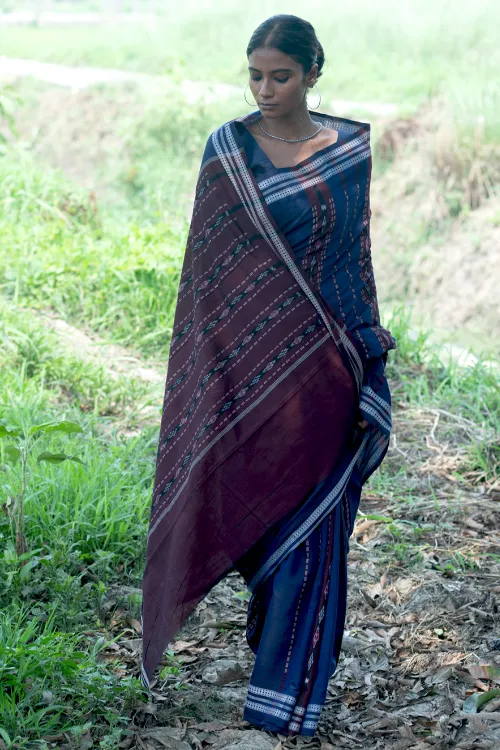 The ICH Sambalpuri Handwoven Ikat Soft Cotton Saree - Indra Neel - Image 2