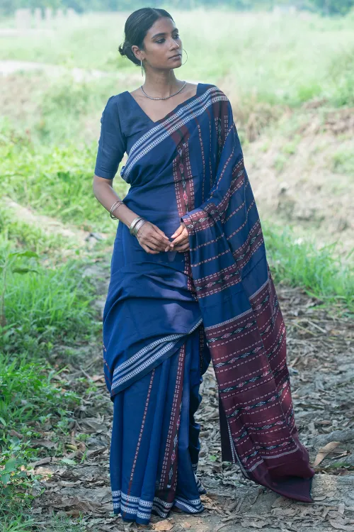 The ICH Sambalpuri Handwoven Ikat Soft Cotton Saree - Indra Neel - Image 5