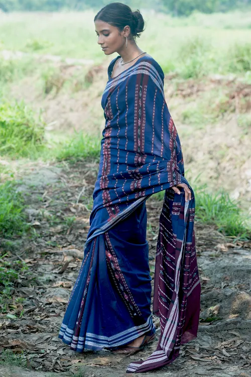 The ICH Sambalpuri Handwoven Ikat Soft Cotton Saree - Indra Neel - Image 6