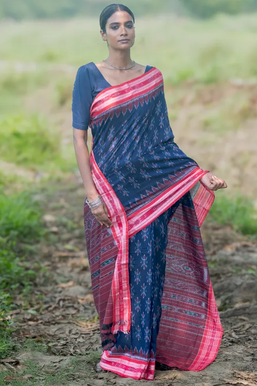 The ICH Sambalpuri Handwoven Ikat Soft Cotton Saree - Neel Megh - Image 4
