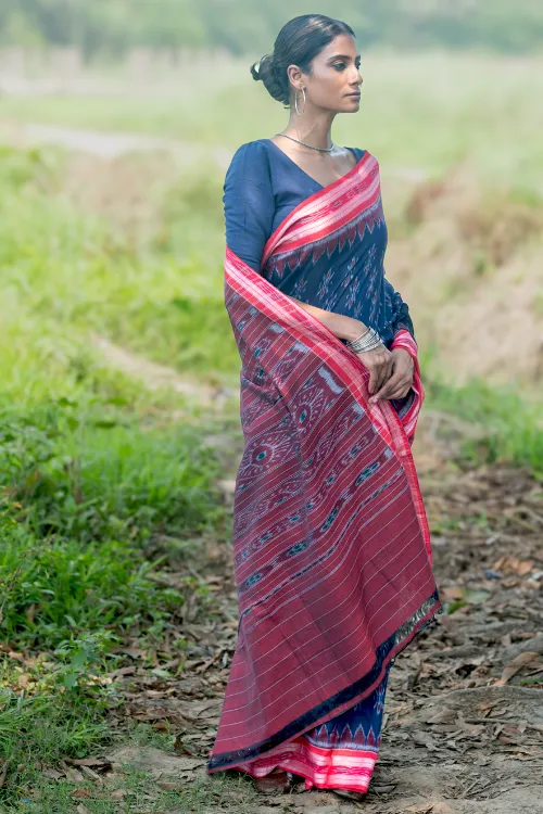 The ICH Sambalpuri Handwoven Ikat Soft Cotton Saree - Neel Megh - Image 5
