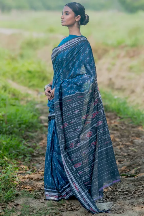 The ICH Sambalpuri Handwoven Ikat Soft Cotton Saree - Neel Nishith - Image 4