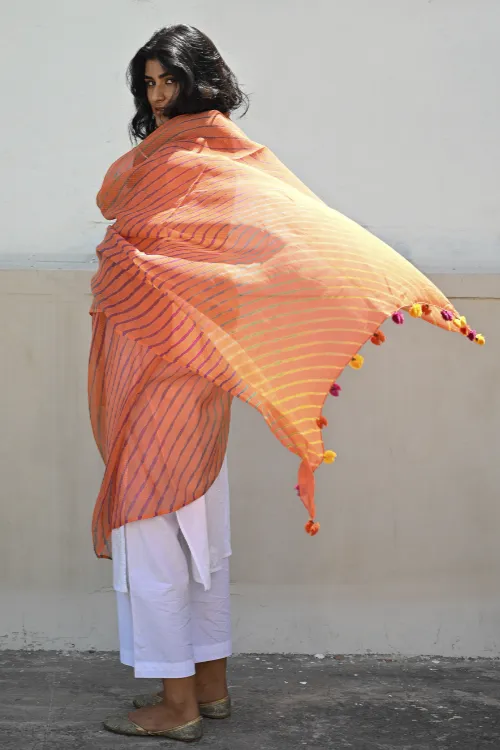 The ICH Soft Lehariya Kota Doria Cotton Dupatta - Coral Sunset - Image 2