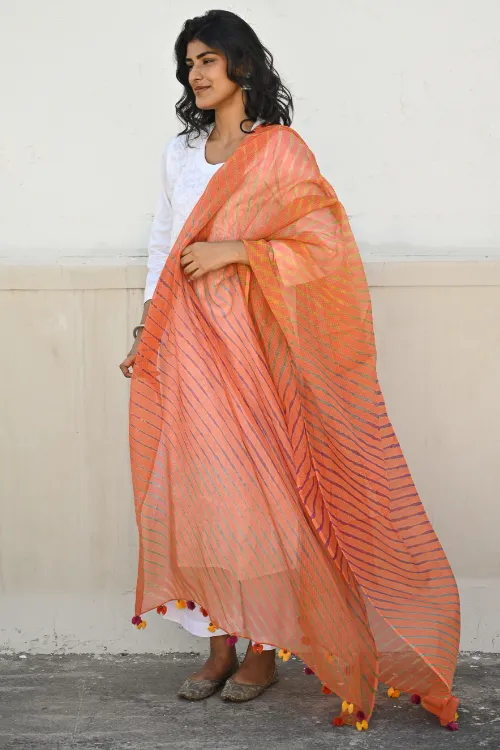 The ICH Soft Lehariya Kota Doria Cotton Dupatta - Coral Sunset - Image 3