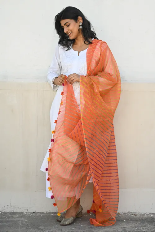 The ICH Soft Lehariya Kota Doria Cotton Dupatta - Coral Sunset - Image 4