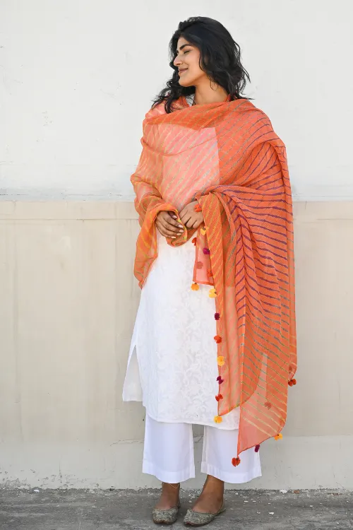 The ICH Soft Lehariya Kota Doria Cotton Dupatta - Coral Sunset - Image 5