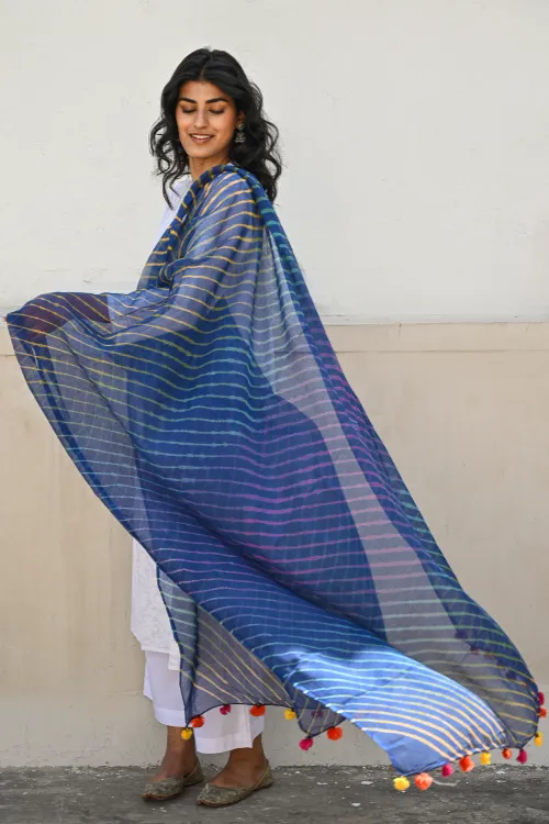 The ICH Soft Lehariya Kota Doria Cotton Dupatta - Midnight Blue