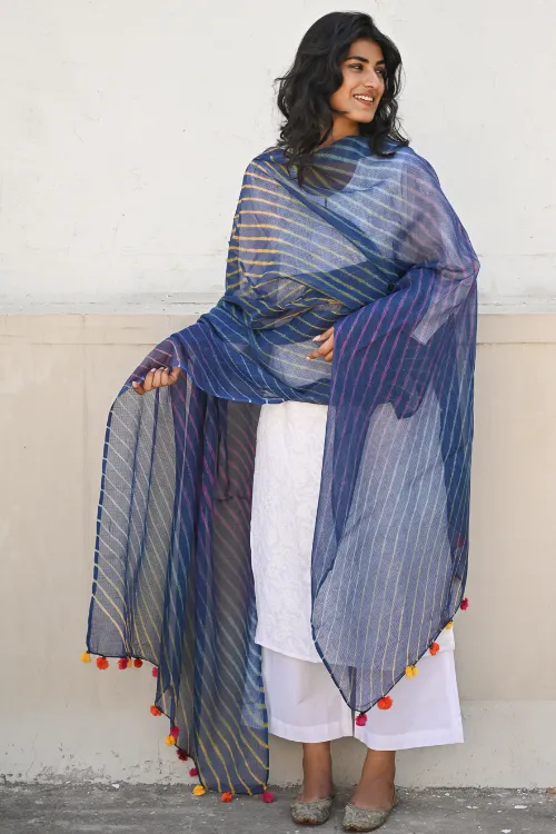The ICH Soft Lehariya Kota Doria Cotton Dupatta - Midnight Blue - Image 2