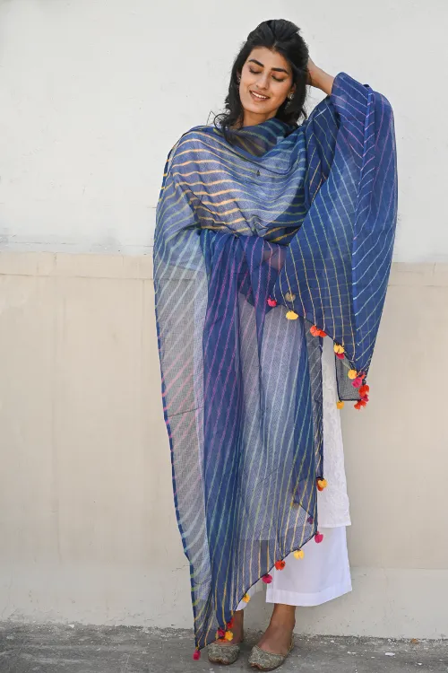 The ICH Soft Lehariya Kota Doria Cotton Dupatta - Midnight Blue - Image 3