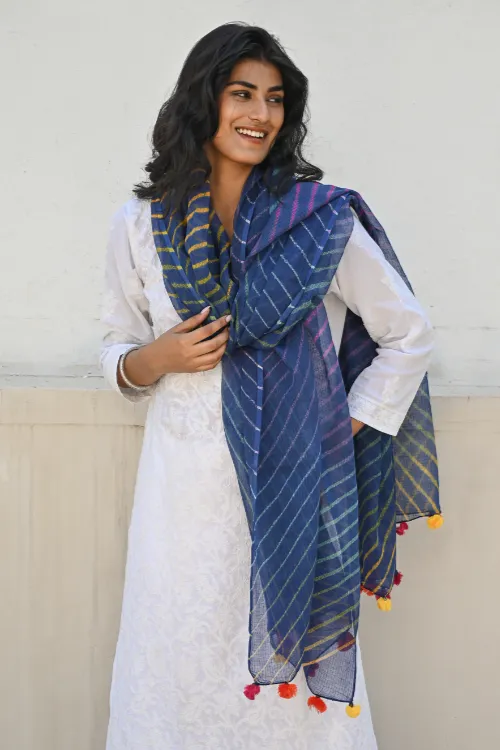 The ICH Soft Lehariya Kota Doria Cotton Dupatta - Midnight Blue - Image 4