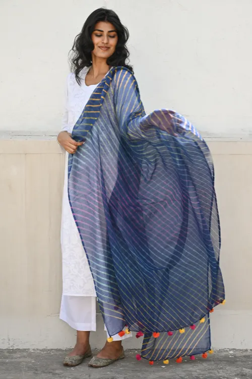 The ICH Soft Lehariya Kota Doria Cotton Dupatta - Midnight Blue - Image 5