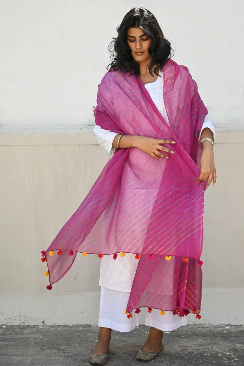 The ICH Soft Lehariya Kota Doria Cotton Dupatta - Rose Pink