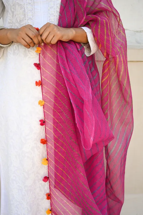 The ICH Soft Lehariya Kota Doria Cotton Dupatta - Rose Pink - Image 2